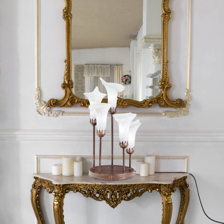 River of Goods - Vente Lampes d'appoint/de bureau - Lampe de table avec base en bronze de 19,5" H et abat-jours blancs Calla Lily6