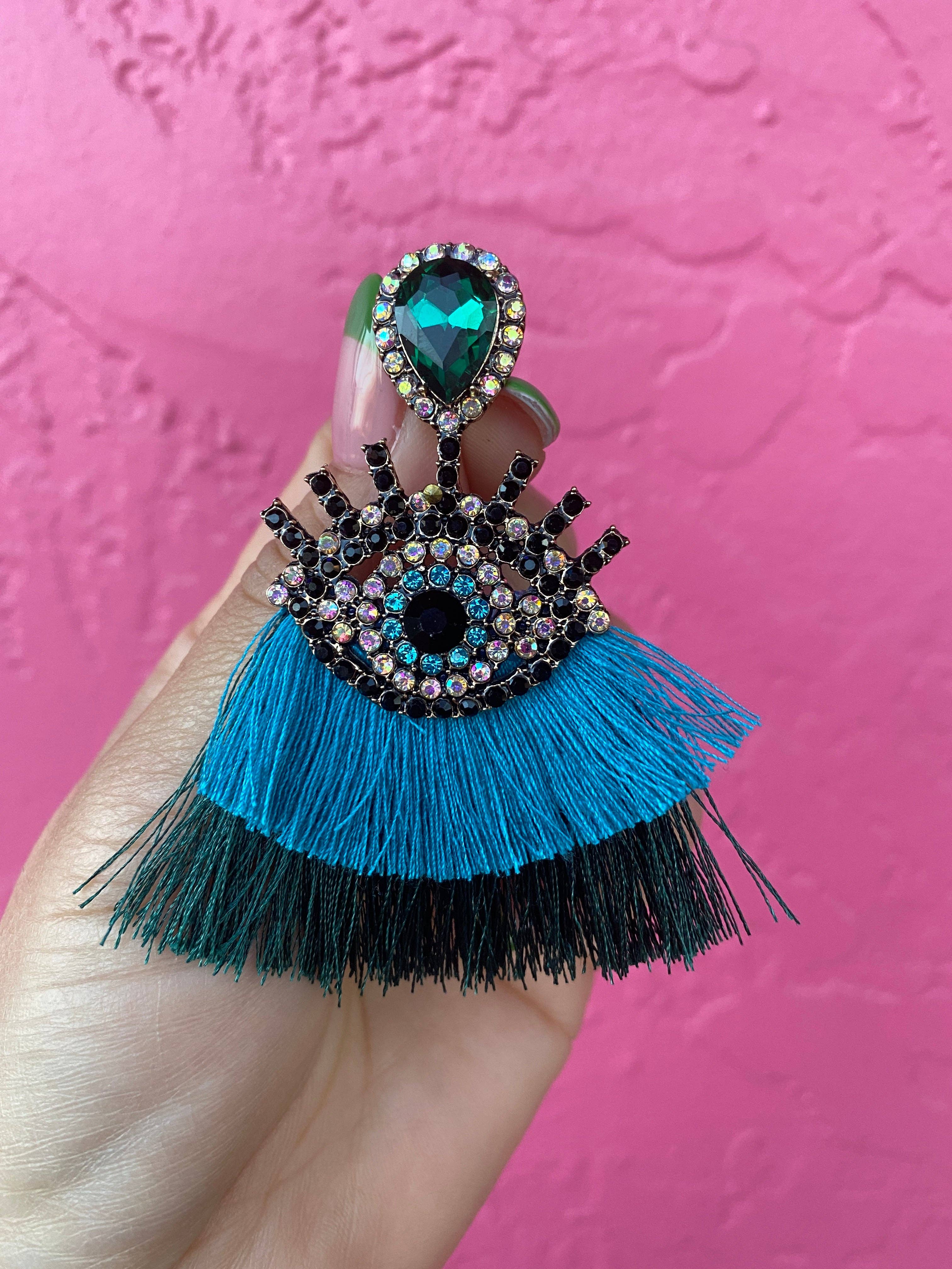 Very That - Wholesale  - Mal Ojo Teal Tassel Gem Earrings2