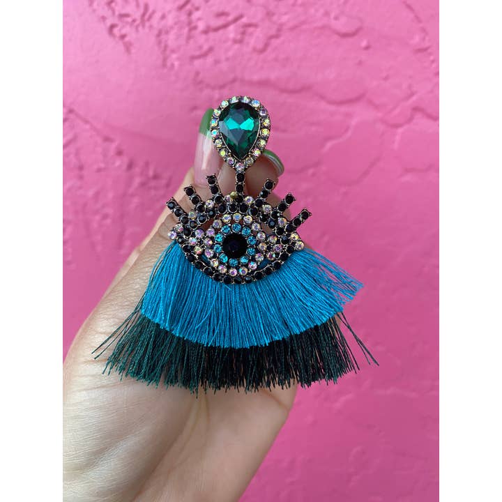Very That - Wholesale - Mal Ojo Teal Tassel Gem Earrings2