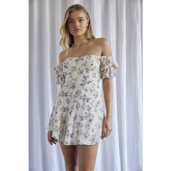 FLORAL OFF THE SHOULDER MINI DRESS / SR0266B01 for wholesale by One and Only Collective