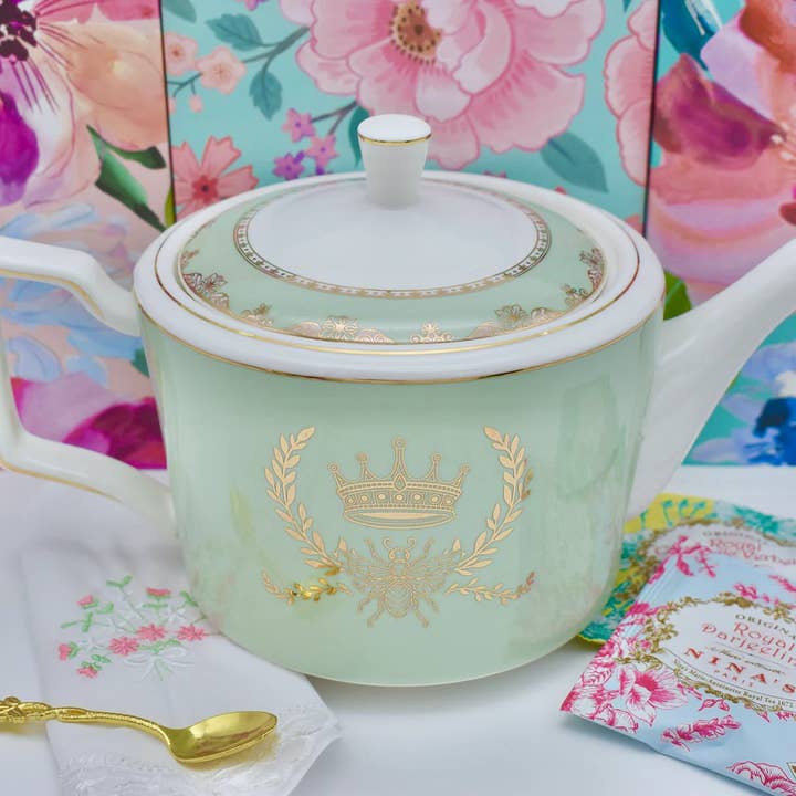 All Little Cute Things - Wholesale Tea Pot - Teapot Regency Gold Decal Queen Bee Mint Green