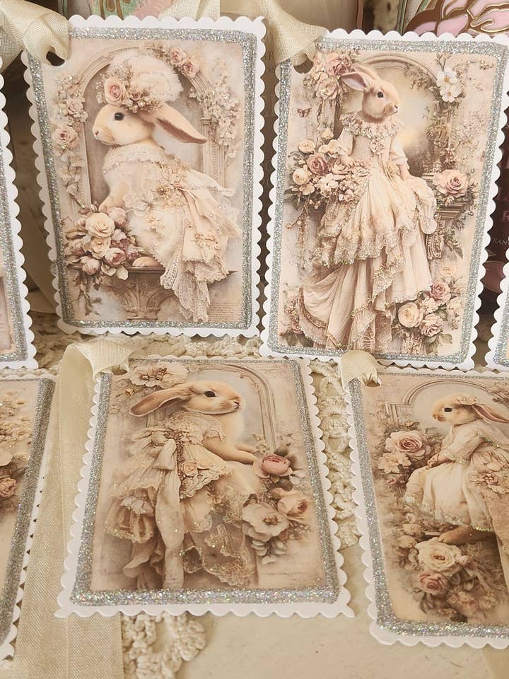 Gift Tag Set 7 Cream Bunnies n Lace n Florals Glitter for wholesale by Little Heart Designs