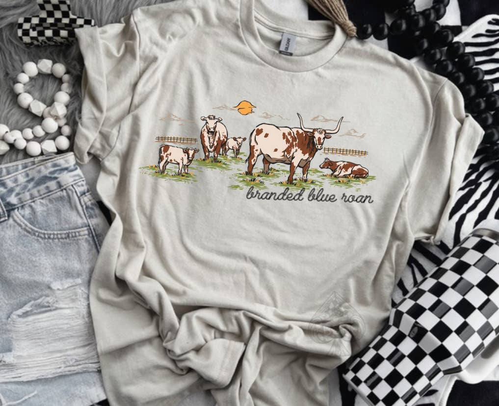 The Branded Blue Roan - Venta al por mayor Camiseta serigrafiada - Mujer - Camiseta gráfica de ganado BBR y Crew0