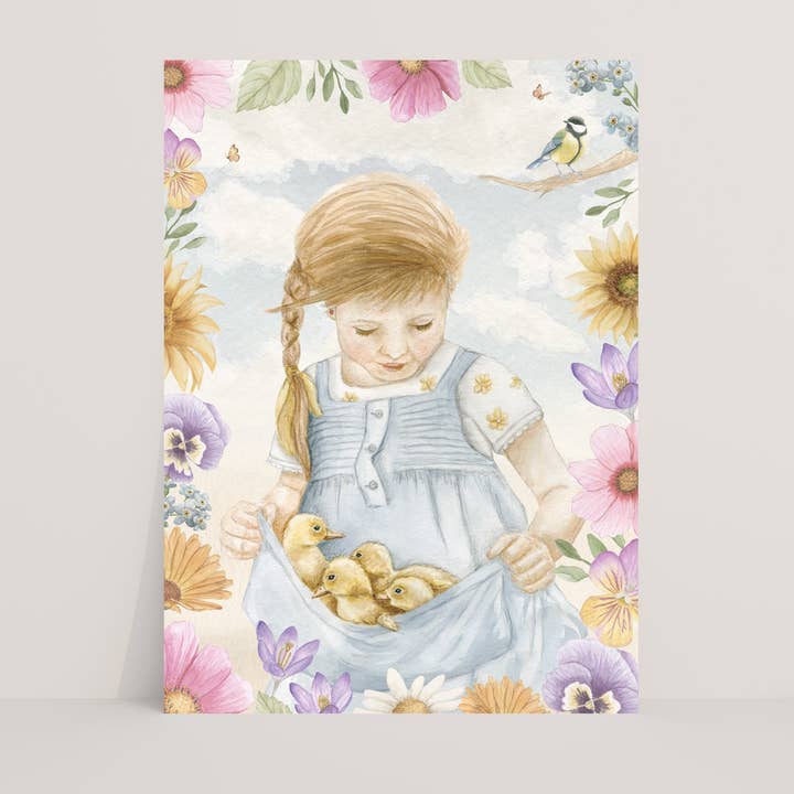 Postcard girl with ducklings for wholesale by Appeloogje