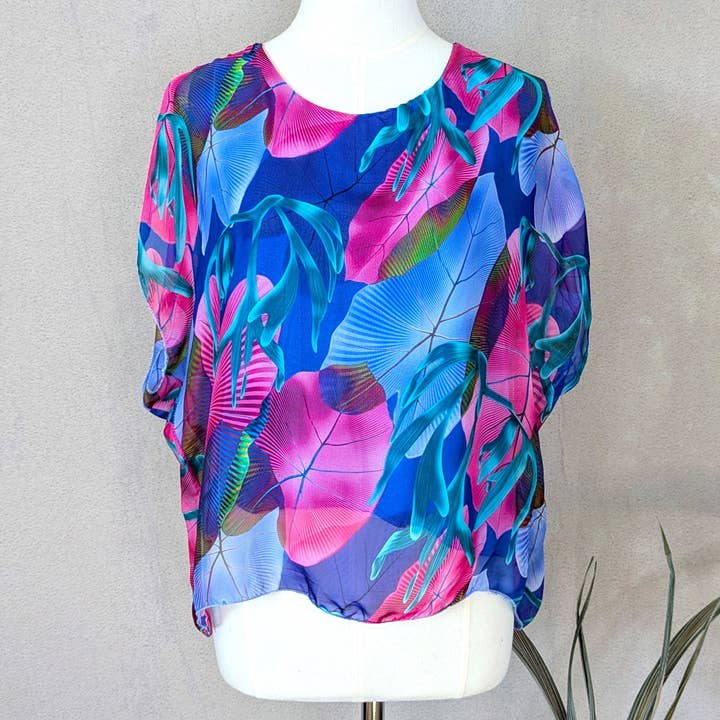 Psychedelic tropical leaves silk blend boxy top (M) for wholesale by Tempest Designs