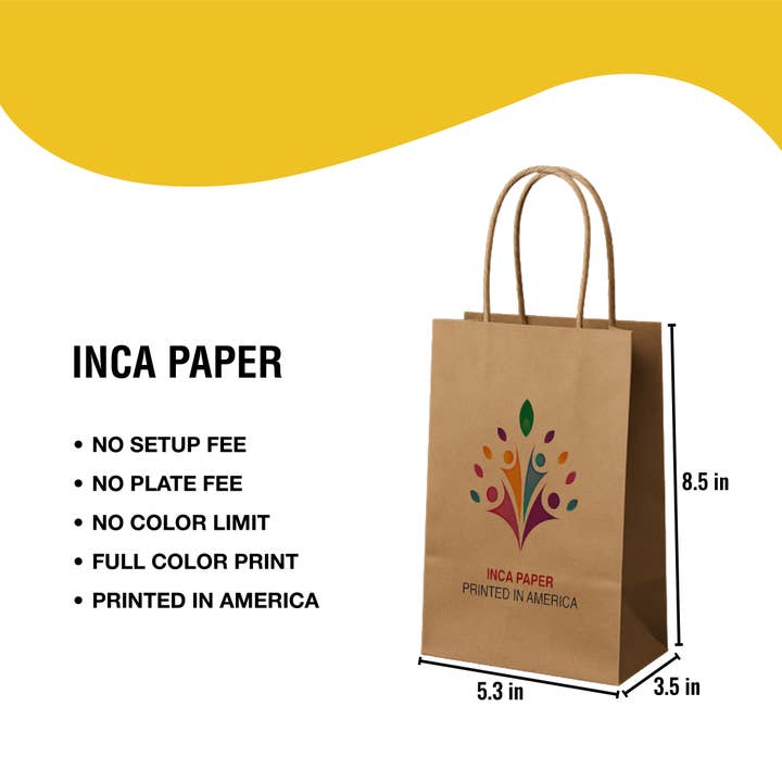 5.3" x 3.5" x 8.5" Printed Kraft Paper Bags Twisted Handles for wholesale by INCA PAPER