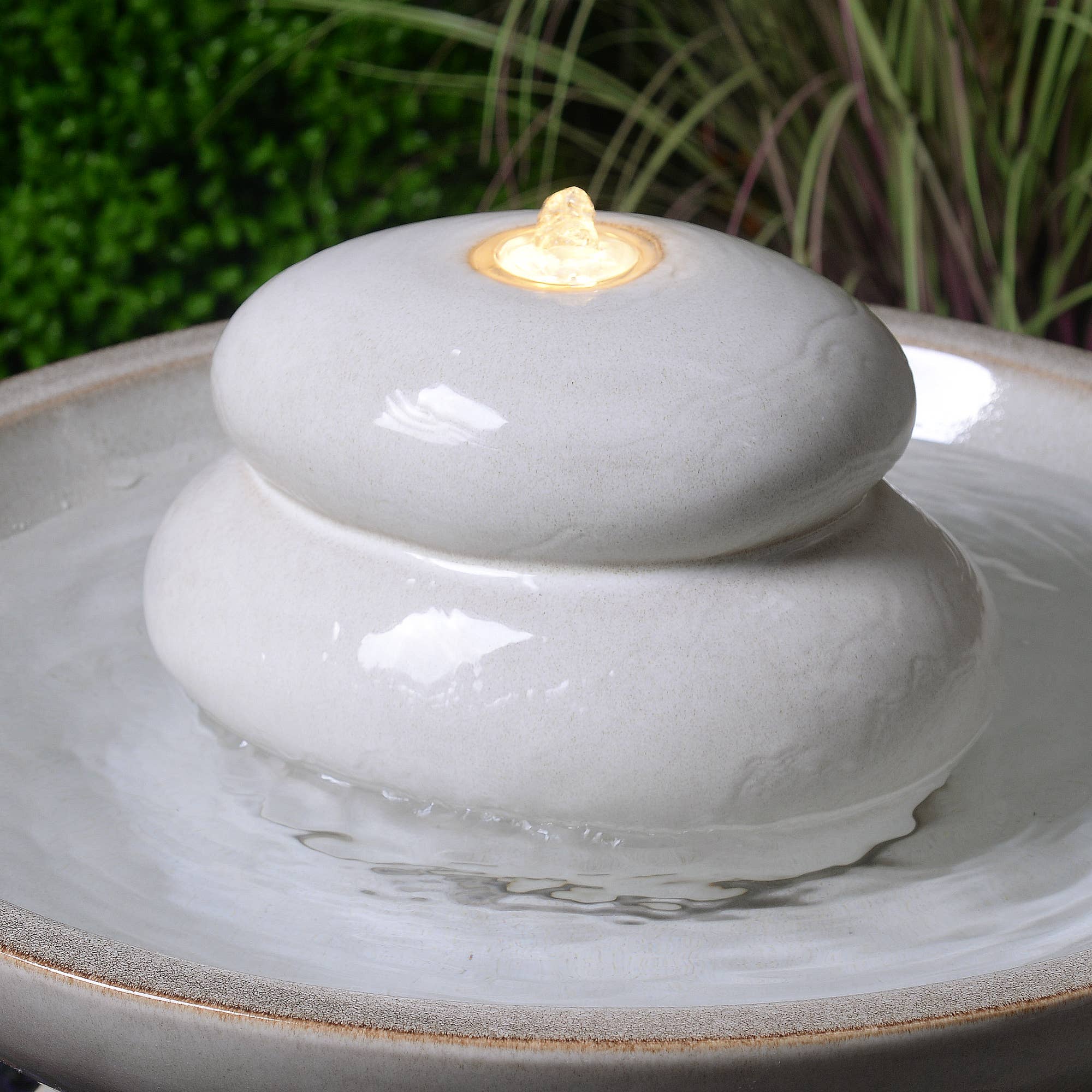 Hi-Line Gift Ltd. - Wholesale Outdoor Ornament/Decor - Ivory Ceramic Fountain with  Warm White LED4