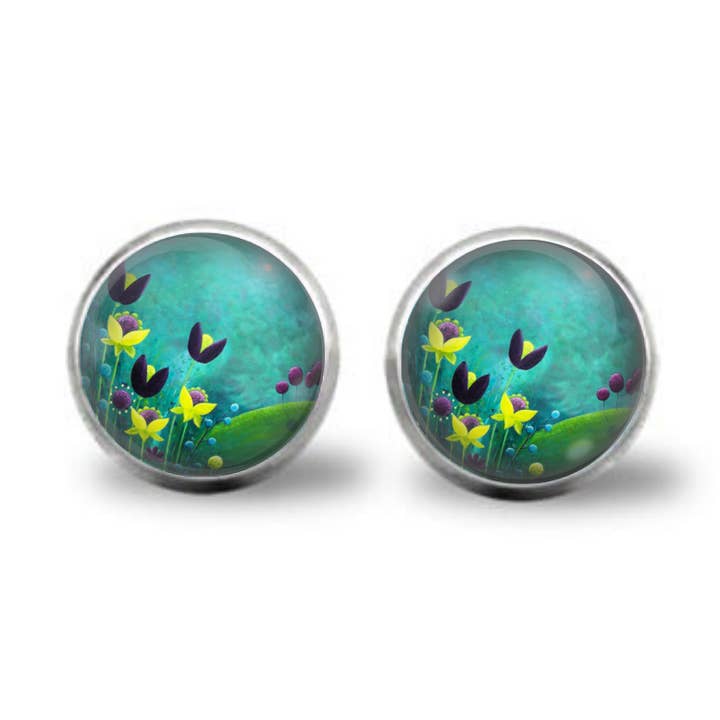 Ohrstecker „Twilight“ mit türkisfarbenem Glas-Cabochon für den Großhandel von Amélie Gagné Studio