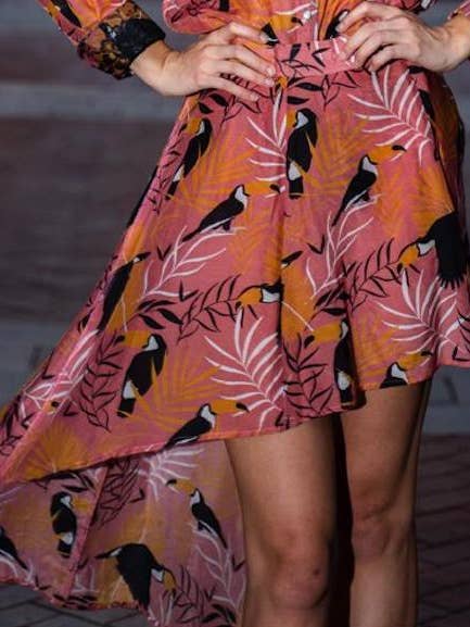 Franky Blackbird On Salmon Color Asymmetrical Skirt for wholesale by Ears Of Buddha