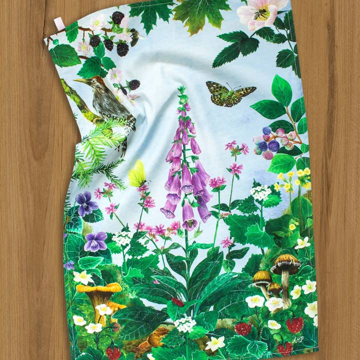 Woodland print cotton tea towel / Tea towel with foxglove for wholesale by AMPellegrini Art & Design