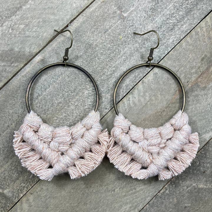 Large Square Knot Fringe Earrings - Nude & Bronze for wholesale by HK Macrame Jewelry