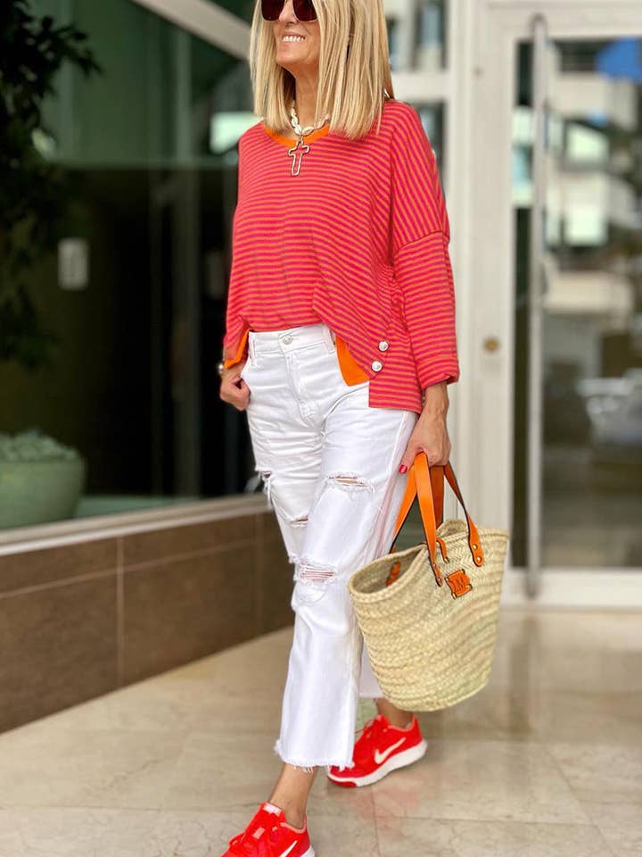 Tomato Red Two Tone Striped Side Buttons Drop Shoulder Top for wholesale on Faire