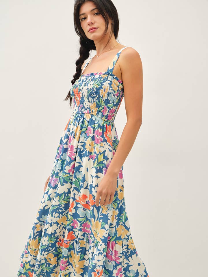 Be Cool - Wholesale Dress - Women's - FLORAL PRINTED MIDI DRESS W/ SMOCKED BODICE