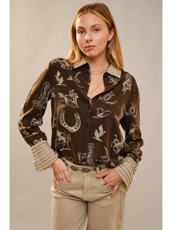 Blue B - Wholesale Button Down Shirt - Women's - 37124T - Western Printed Ruffle Cuff Shirt11
