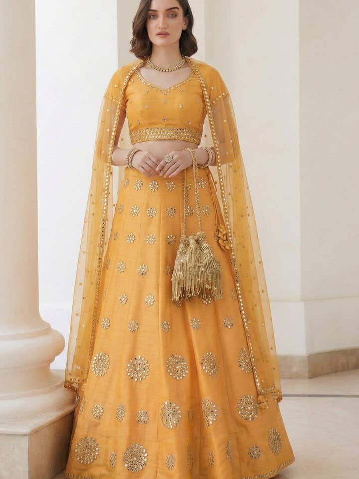 Gele Art Silk Lehenga Choli Voor Indiase & Pakistaanse Bruiloft Festival - Pailletten & Draad Borduurwerk, Zari Werk, Echt Spiegelwerk voor wholesale door HATKE BRIDE