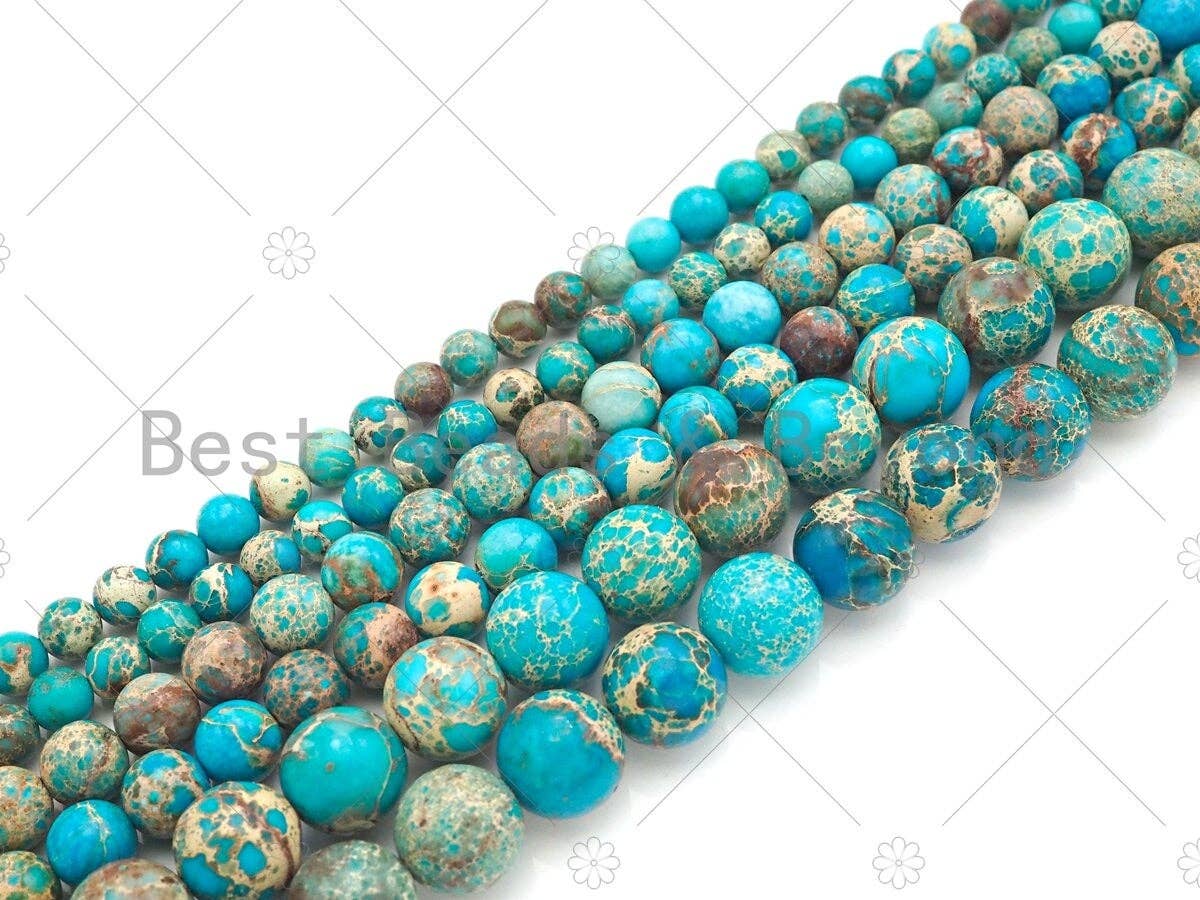 BestBeads&Beyond - Venta al por mayor Cuentas - Jaspe imperial turquesa azul de sedimento marino de alta calidad, cuentas lisas redondas de 6mm/8mm/10mm/12mm, hilo completo de 39,4 cm, SKU#UA1691