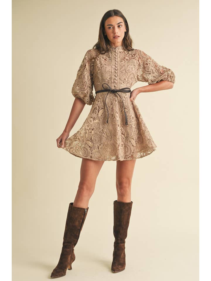 Beige Crochet Lace VIctorian style Mini Dress for wholesale on Faire