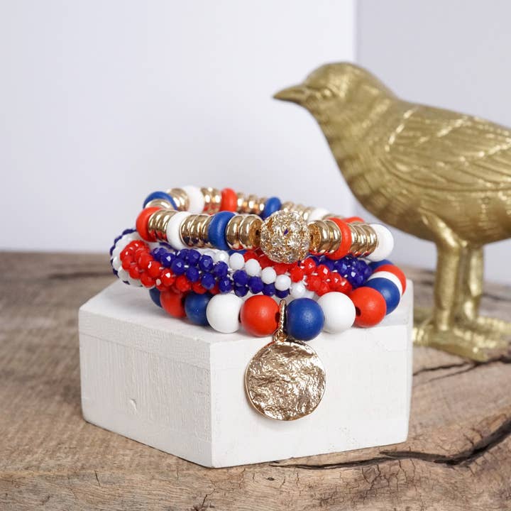 PennyLine inc - Wholesale Beaded Bracelet - Red White and Blue Beaded Coin Bracelet Set