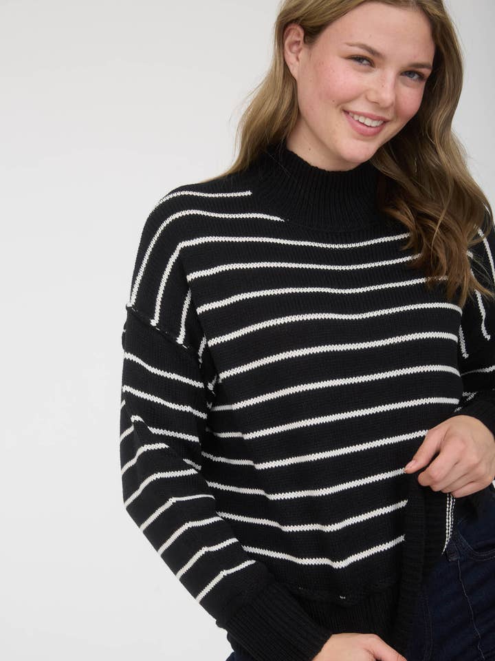 STRIPE MOCK NECK SIDE SPLIT KNIT PULLOVER SWEATER for wholesale by The Workshop Studio