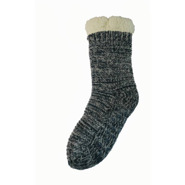 Chaussettes-chaussons en tricot torsadé bleu côtelé doublées en polaire pour la vente par GEMJAR LTD