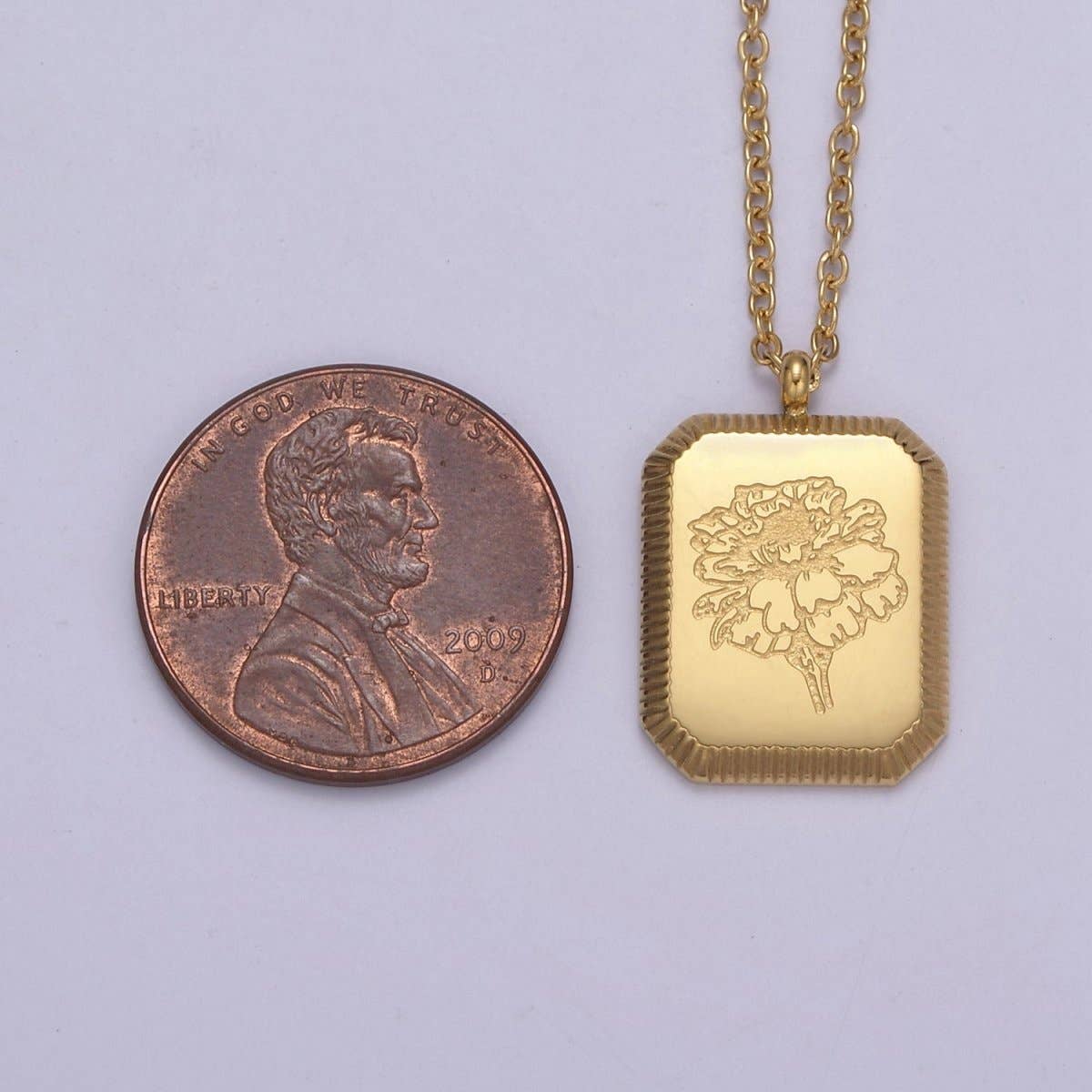 Aim Eternal - Wholesale Pendant/Charm Necklace - Gold Flower Tag Charm Engraved Floral Pendant Necklace with Cable Chain Necklace Wholesale Fashion Jewelry | WA-649 to WA-660 Clearance Pricing5