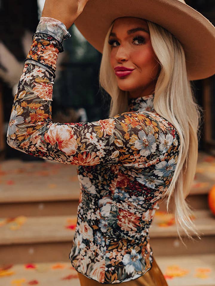 Lovesoft - Wholesale Blouse - Women's - Brown Floral Long Sleeve High Neck Sheath Mesh Blouse2