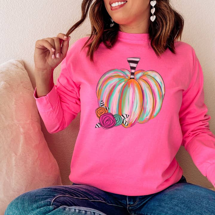 Watercolor Striped Pumpkin // FALL Longsleeve for wholesale by Lucky Llama Creations