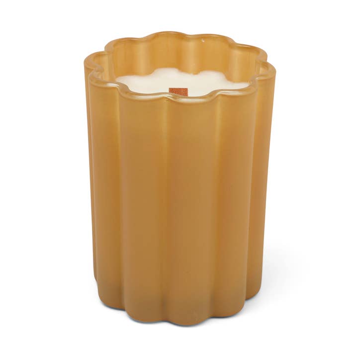 Frosted Soft Amber Scalloped Glass: Hemp + Suede 7.5 Oz for wholesale by Foundry Candle Co
