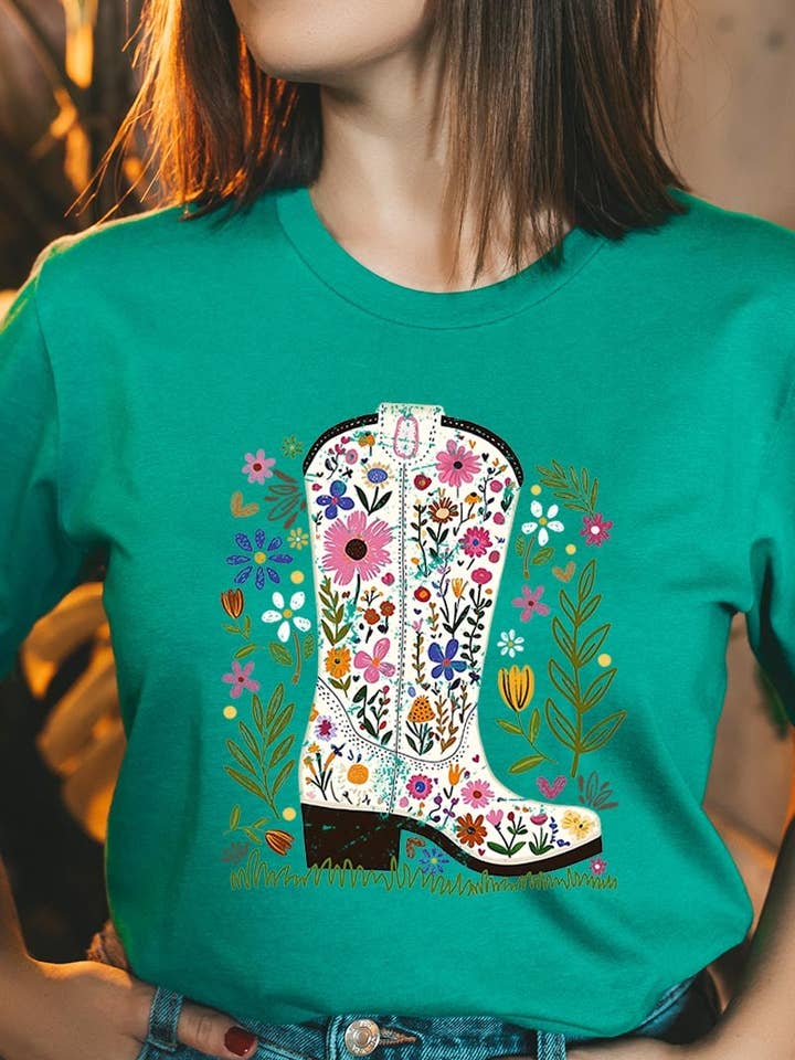 Western Floral Cowboy Boot Graphic Tee for wholesale by COLORBEAR