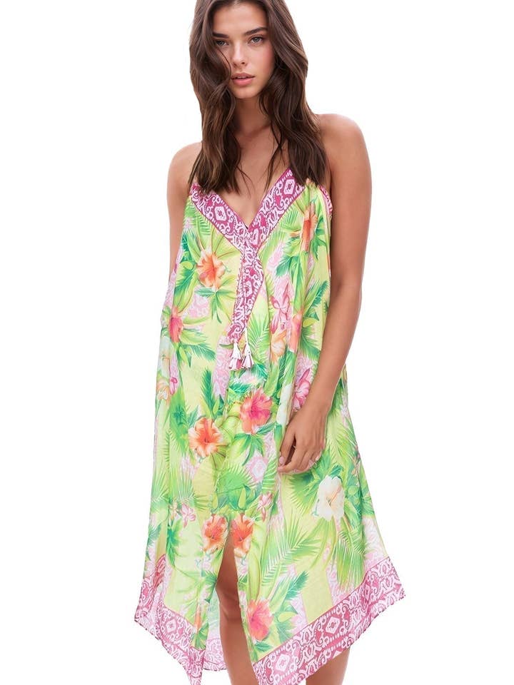 Maxi Tassel Sundress Coverup In Hawaiian Paradise Print for wholesale by Pool to Party