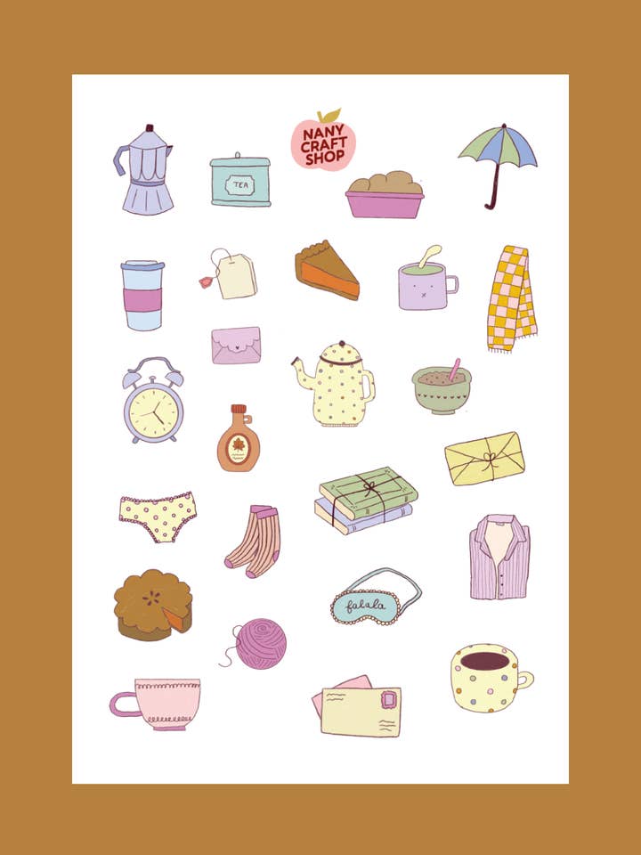 A6 sheet of cozy autumn stickers for wholesale by Nany Craft Shop
