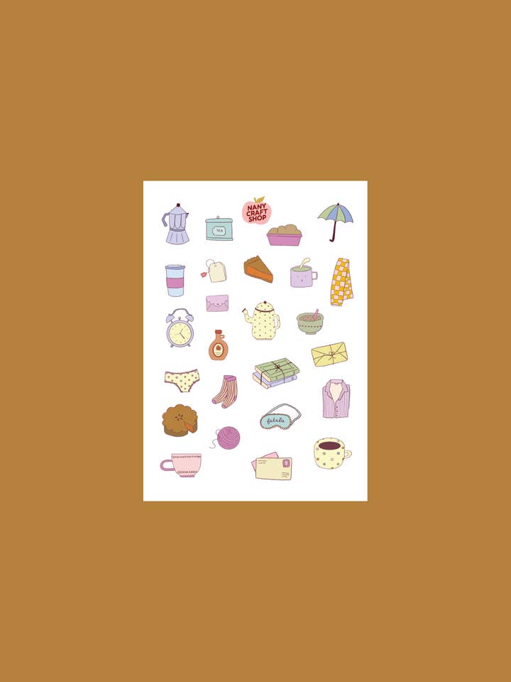A6 sheet of cozy autumn stickers for wholesale by Nany Craft Shop