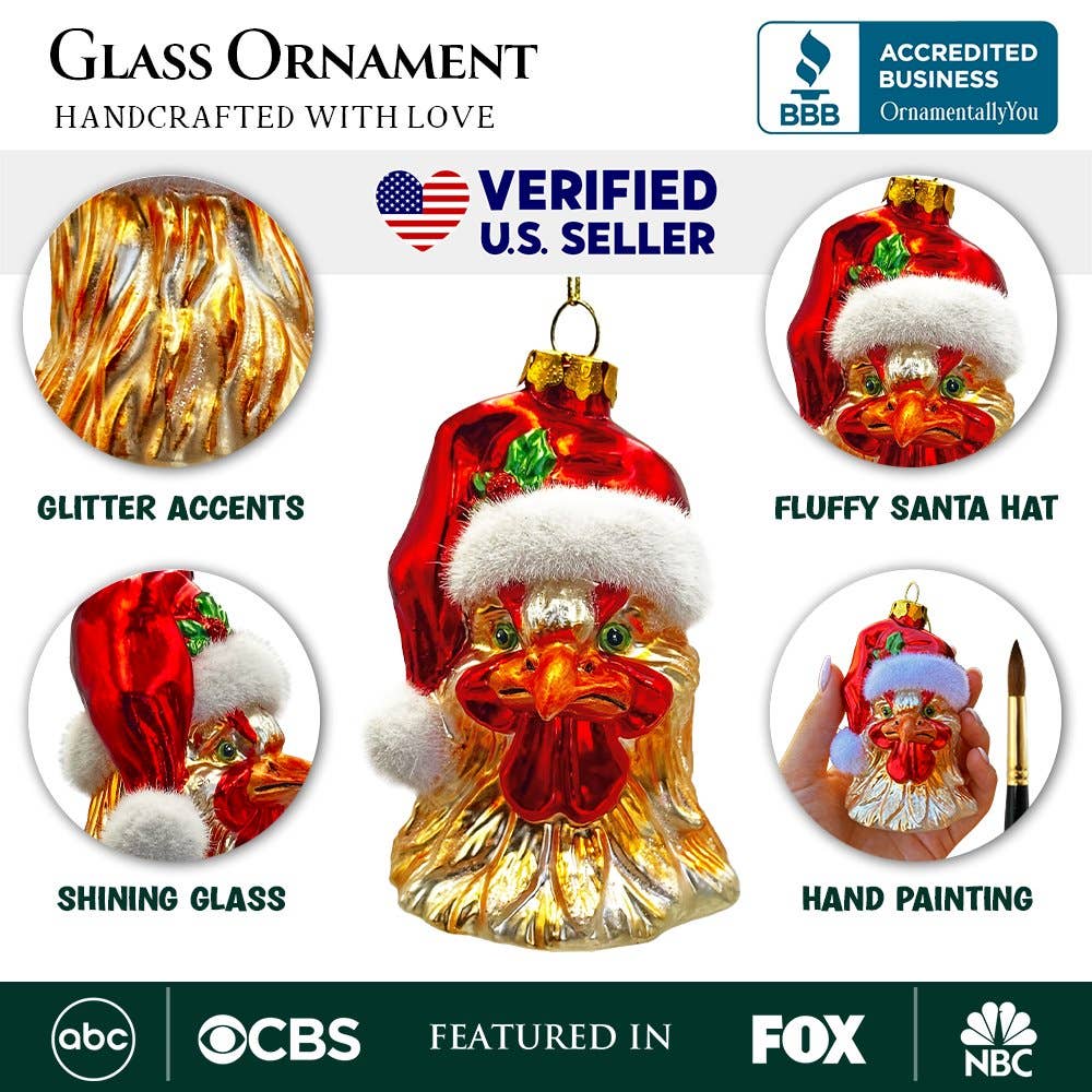 OrnamentallyYou - Vente Objets de décoration - Décoration de Noël en verre soufflé à la main en forme de coq avec chapeau de père Noël2
