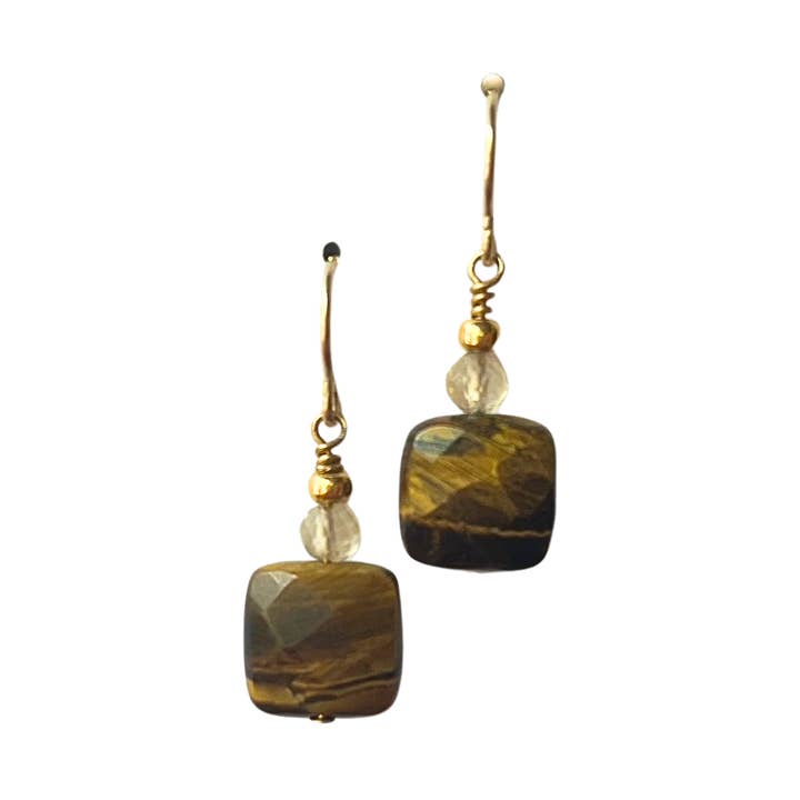 3 Stone Drop Earrings, Tiger's Eye + Citrine, Gold for wholesale by Rain City Forge