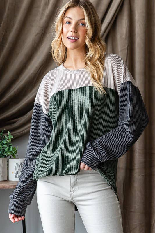 HEIMISH - Wholesale Knit Top - Women's - ET7662-10 LONG PUFF SLEEVE URBAN RIBBED COLOR BLOCK TOP6
