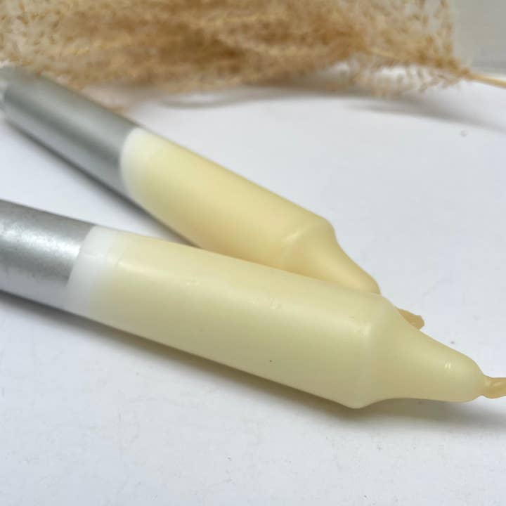 Hawthorn Blossom & Silver Dip Dyed Dinner Candles for wholesale by The Singing Rabbit