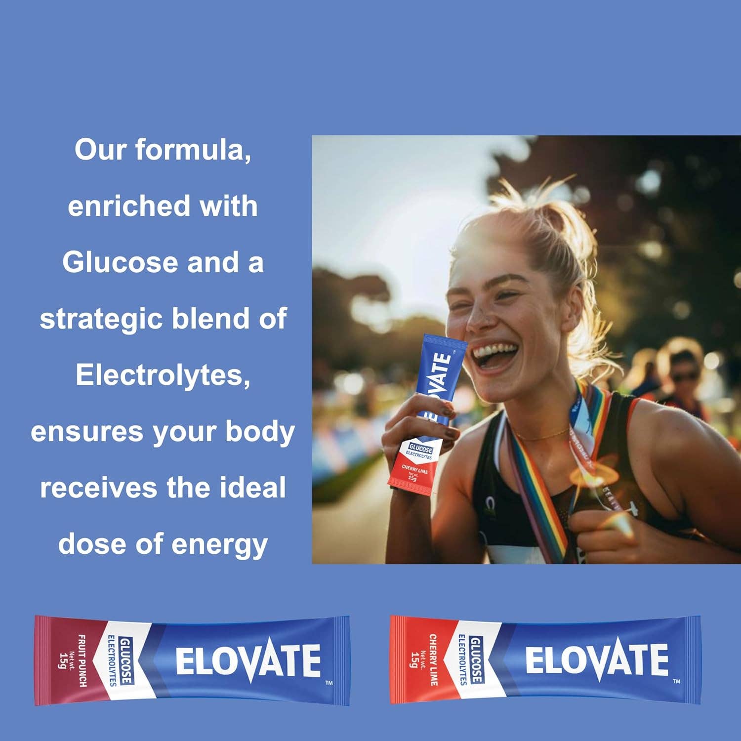 ELOVATE - Wholesale Powdered Health Drink - Elovate 15 - Electrolyte Drink Mix with 10g Glucose - Hydrating Electrolyte Powder Packets for Energy, Rapid Rehydration, Workout Recovery, Dehydration Relief, Fitness & Active Lifestyles - Premium Drink for Daily Hydration (Fruit Punch, Pack of 25)3