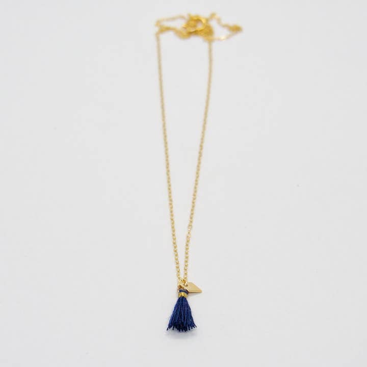 Filigree gold necklace with blue tassel and small for wholesale by Sista Jewelry