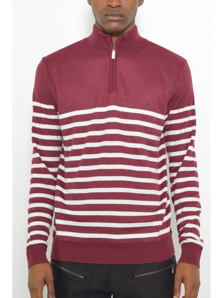 WEIV - Wholesale Sweatshirt - Men's - Mens Striped Quarter Zip Sweater - Burgundy