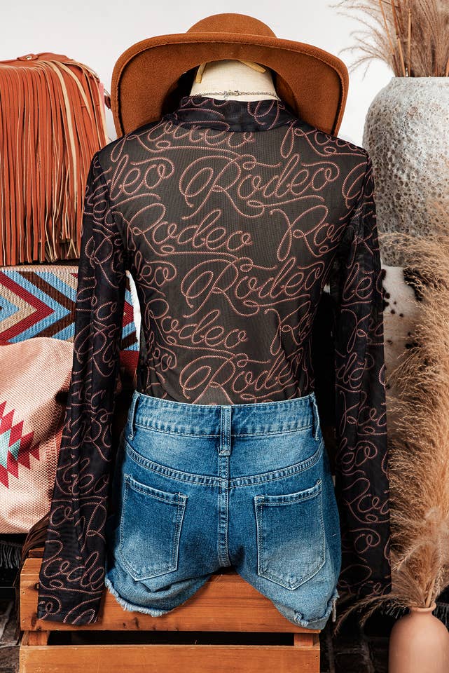 AS SHOWN Western Rodeo Mock Neck Long Sleeve Mesh Top for wholesale on Faire3