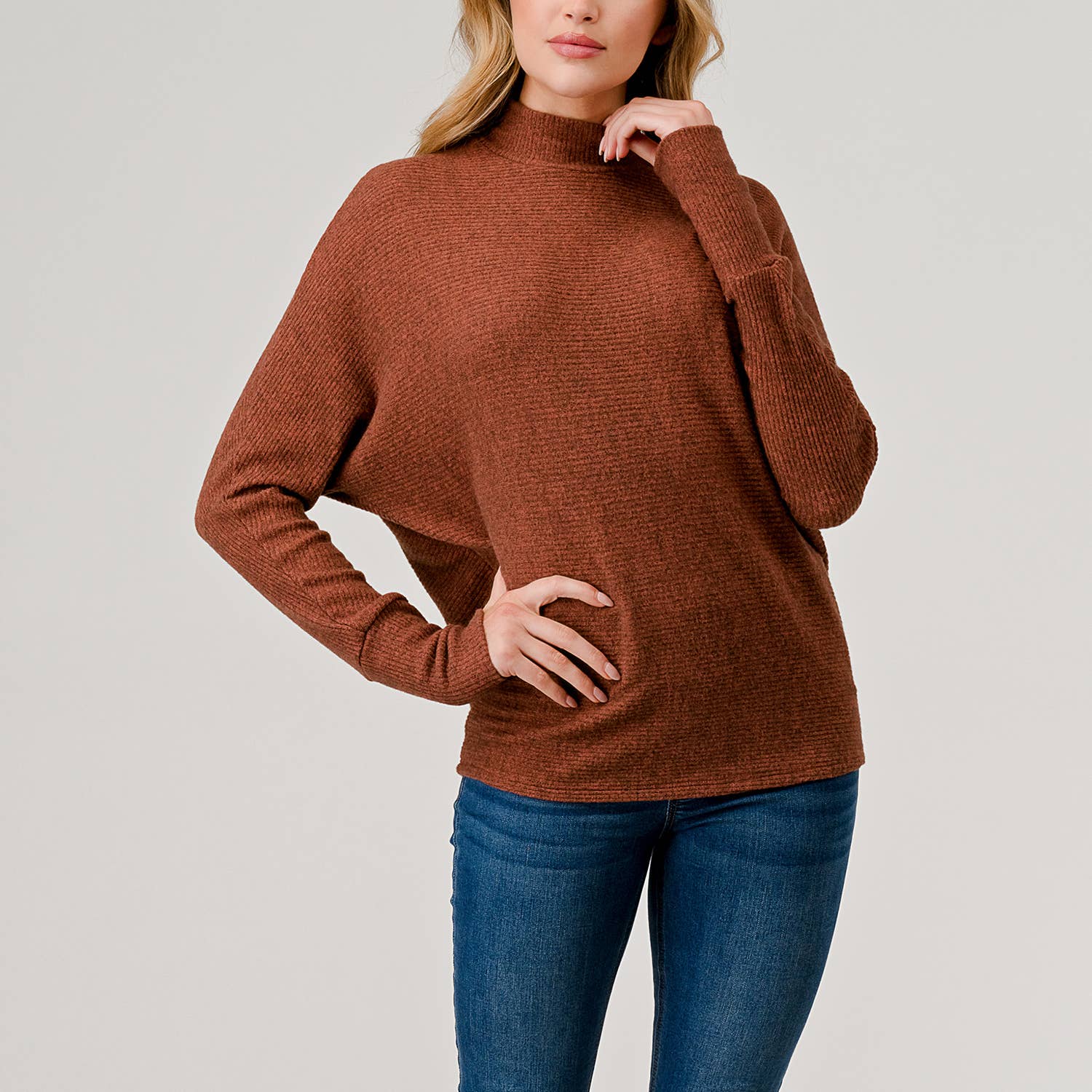 Heimious - Wholesale Knit Top - Women's - Mock Neck Long Dolman Sleeve Ribbed Knit Top, T26138
