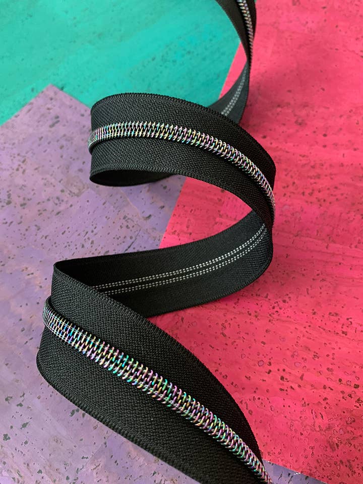 Black Zipper Tape with Iridescent teeth for wholesale by Sassafras Lane Designs