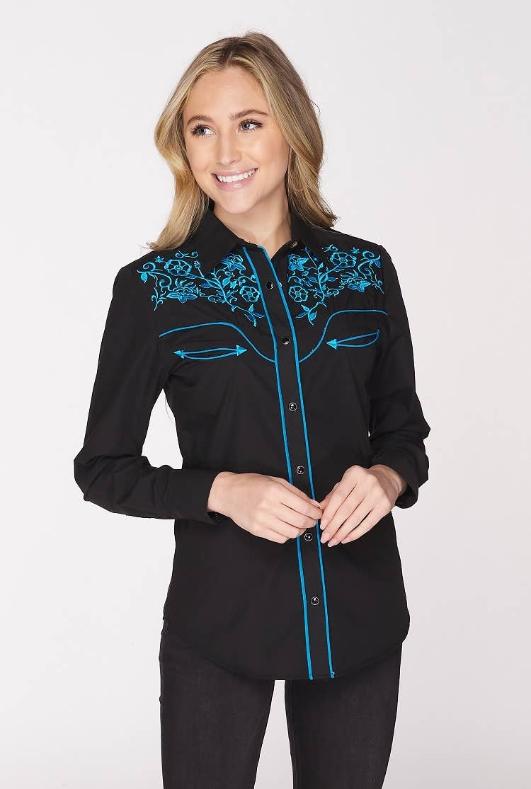 Rodeo Clothing - Vente Chemise à col boutonné – femme - Robe brodée à manches longues d'inspiration western pour femmes13