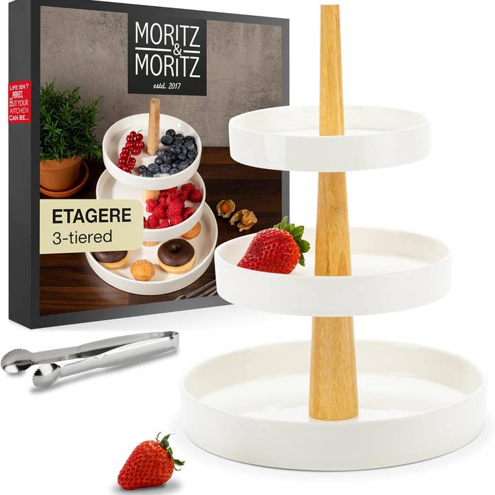 3 Tier Porcelain Cake Stand With Tongs For Tea & Desserts for wholesale by Moritz & Moritz