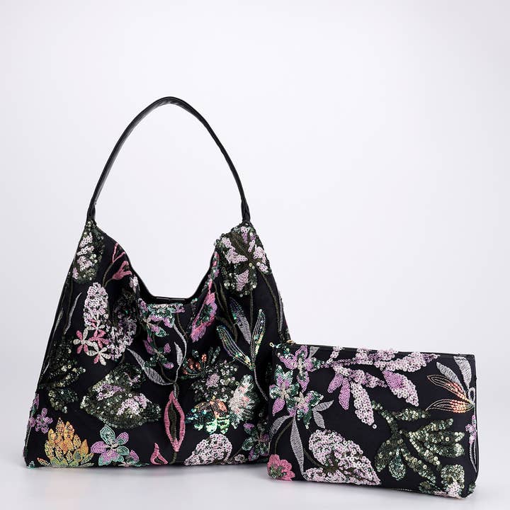 Borsa a Mano Nera con Paillettes Floreali con Pochette Coordinata A218 per la vendita all'ingrosso da parte di PEACH ACCESSORIES