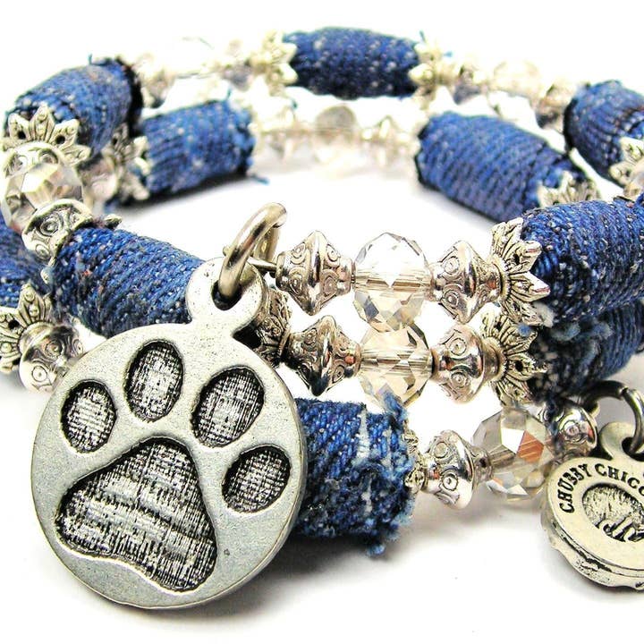Engraved Paw Print Circle Blue Jean Beaded Wrap Bracelet for wholesale by Chubby Chico Charms