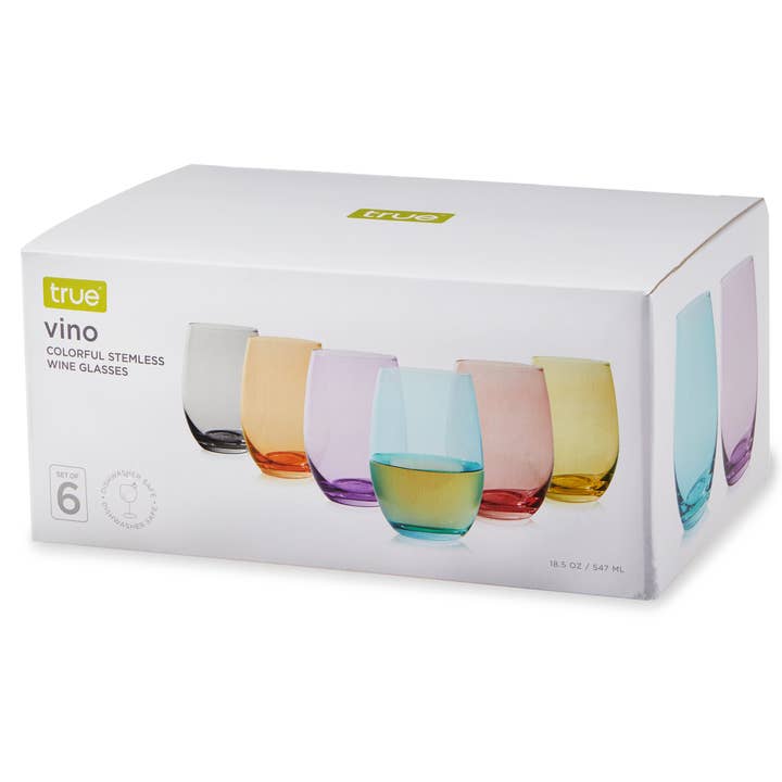 TRUE - Wholesale Wine Glass - Vino Colorful Stemless Wine Glasses - Set of 4 OR Set of 6