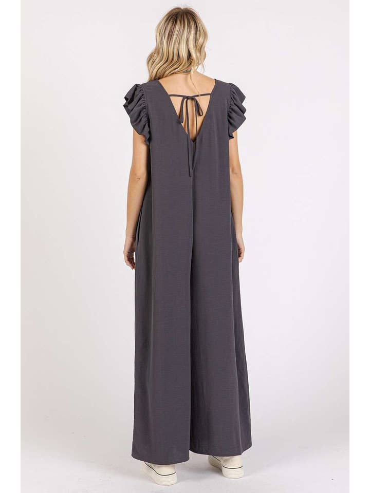 mittoshop - Wholesale Jumpsuit - Women's - AIRFLOW V-NECK RUFFLE SLEEVE WIDE LEG JUMPSUIT