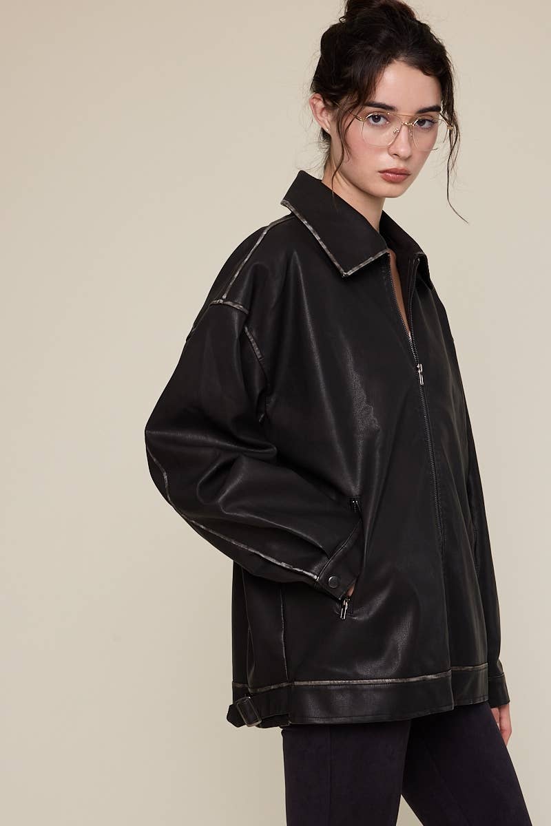 Sky to Moon - Wholesale Leather Jacket - Women's - FAUX LEATHER COLLARED OVERSIZED CASUAL JACKET12