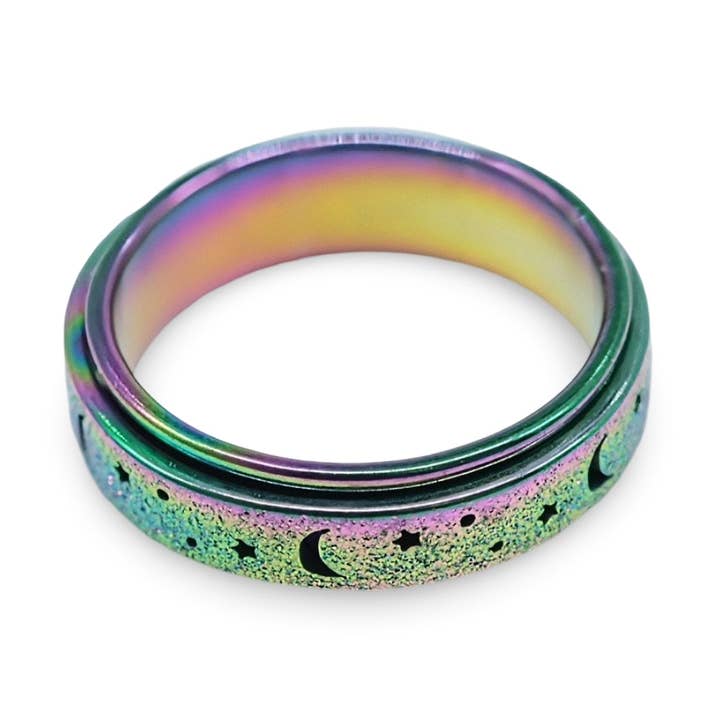 Rotating Ring - Stress Anxiety Relief - Stainless Steel - Rainbow Moon and Star for wholesale by Arômes & Évasions